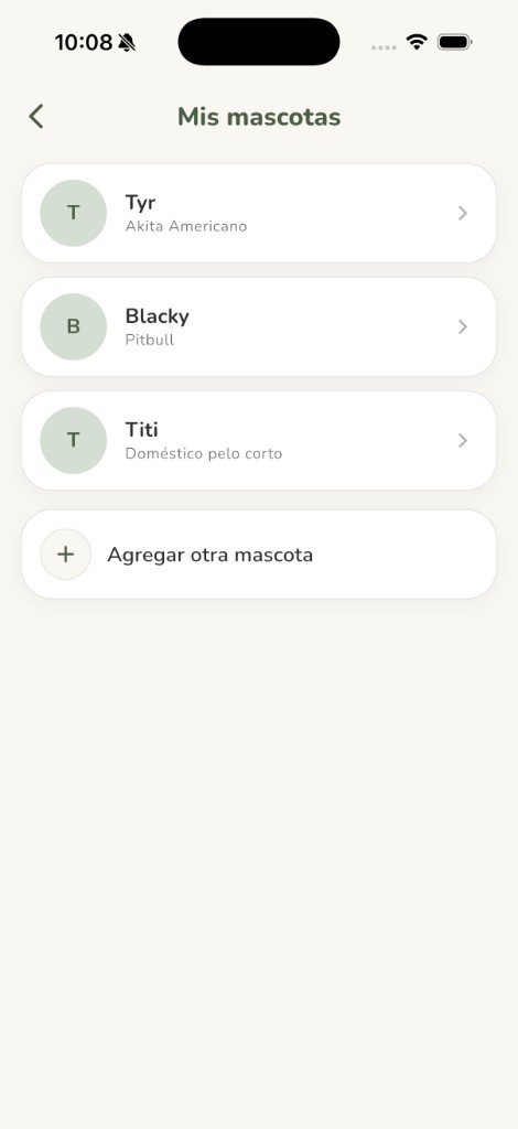 Pantalla de gestión de múltiples mascotas en Wawki-Pet.