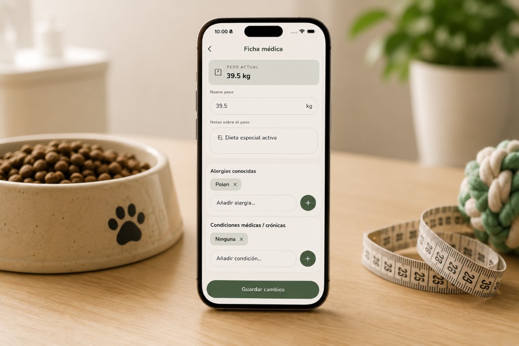 Ficha médica de mascota con peso, alergias y condiciones registradas.