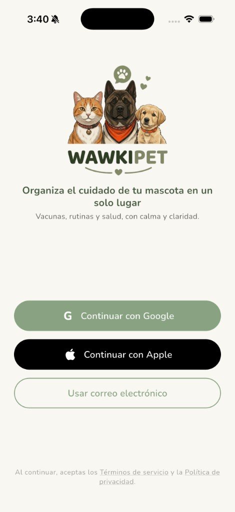 Pantalla de bienvenida de WawkiPet con inicio de sesión mediante Google, Apple y correo electrónico.