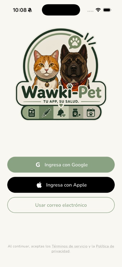 Pantalla principal de Wawki-Pet con acceso mediante Google, Apple y correo electrónico.