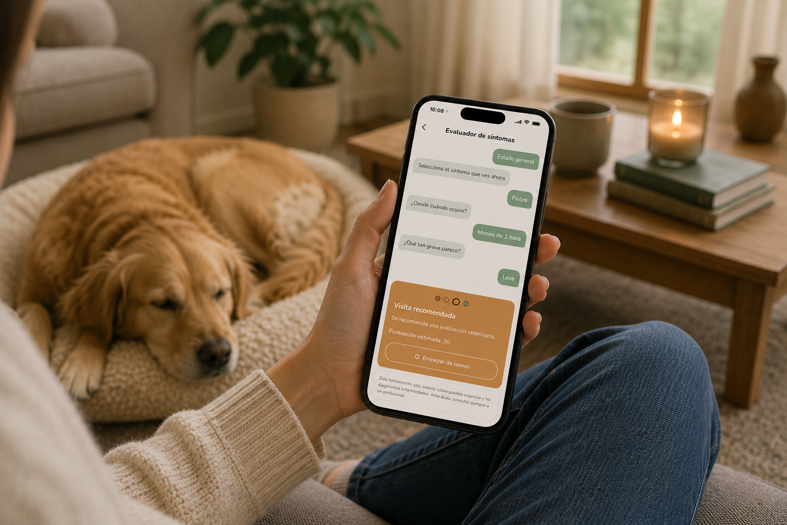 Evaluador de síntomas de mascota con recomendación veterinaria orientativa.