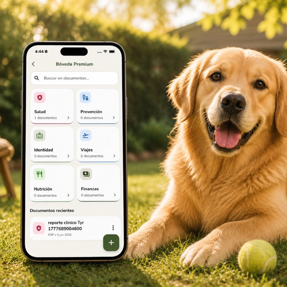 WawkiPet Docs — expediente clínico de la mascota en el celular junto a un perro.
